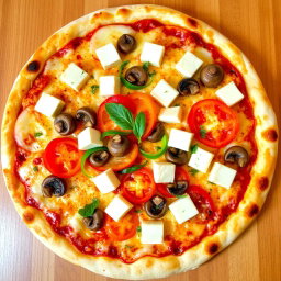 A delicious, freshly baked pizza topped with vibrant capsicum, tender mushrooms, juicy tomatoes, and generous cubes of creamy paneer, all layered beneath a thick, melted blanket of mozzarella cheese for a rich, gooey texture