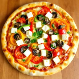 A delicious, freshly baked pizza topped with vibrant capsicum, tender mushrooms, juicy tomatoes, and generous cubes of creamy paneer, all layered beneath a thick, melted blanket of mozzarella cheese for a rich, gooey texture