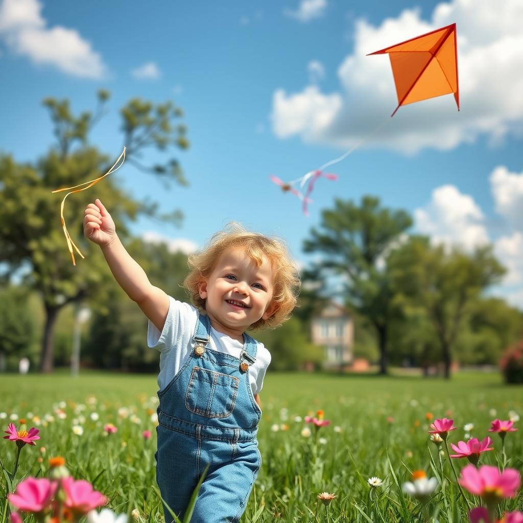 A heartwarming scene of a young 6-year-old child with curly blonde hair and bright black eyes, joyfully flying a colorful kite in a vibrant park