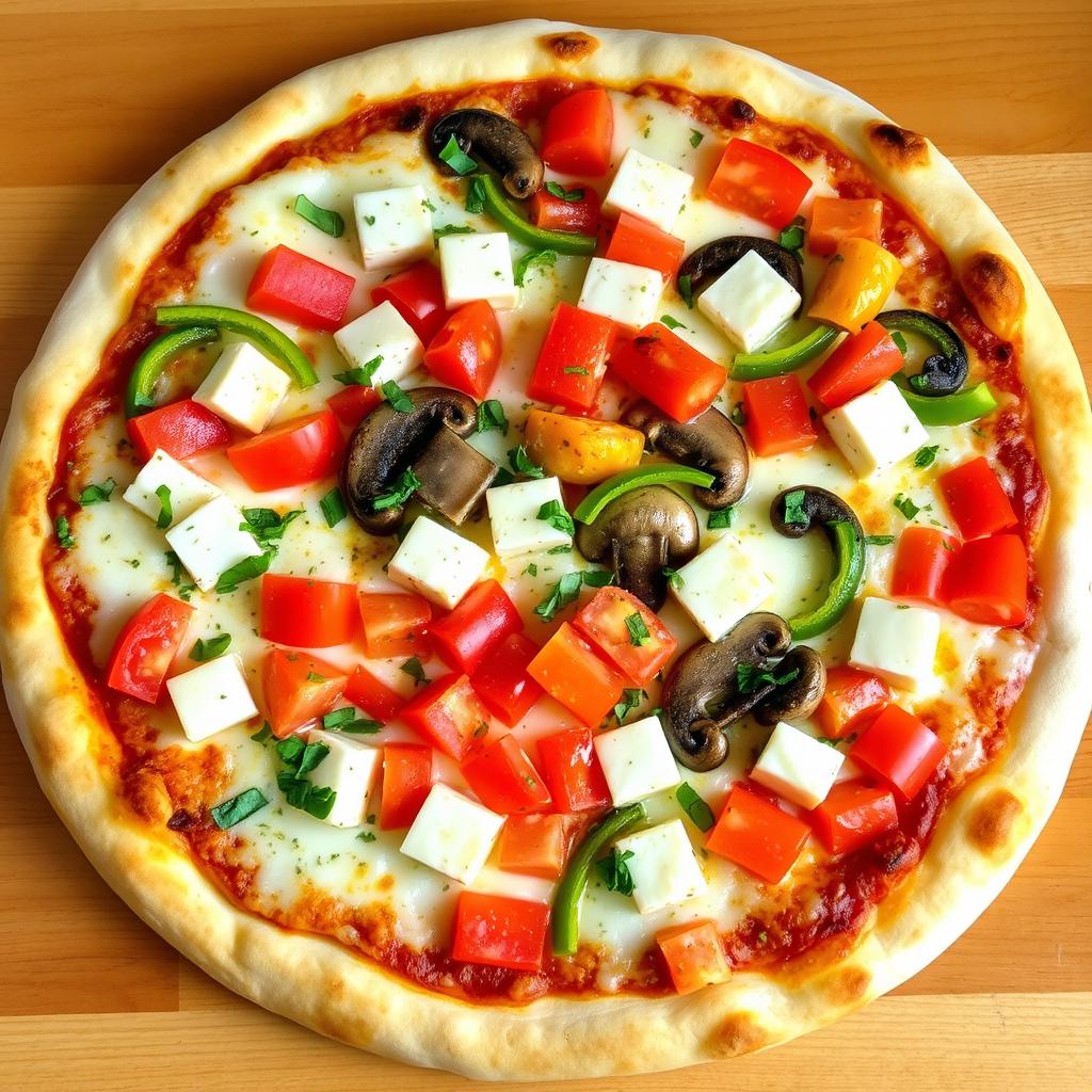 A mouthwatering, freshly baked pizza topped with a medley of vibrant ingredients: crisp capsicum slices in bright red and green, juicy diced tomatoes bursting with flavor, tender mushrooms sautéed to perfection, and generous cubes of creamy paneer that add richness