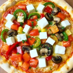 A mouthwatering, freshly baked pizza topped with a medley of vibrant ingredients: crisp capsicum slices in bright red and green, juicy diced tomatoes bursting with flavor, tender mushrooms sautéed to perfection, and generous cubes of creamy paneer that add richness