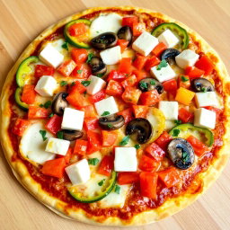 A mouthwatering, freshly baked pizza topped with a medley of vibrant ingredients: crisp capsicum slices in bright red and green, juicy diced tomatoes bursting with flavor, tender mushrooms sautéed to perfection, and generous cubes of creamy paneer that add richness