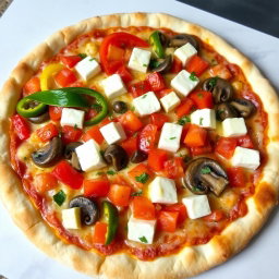 A mouthwatering, freshly baked pizza topped with a medley of vibrant ingredients: crisp capsicum slices in bright red and green, juicy diced tomatoes bursting with flavor, tender mushrooms sautéed to perfection, and generous cubes of creamy paneer that add richness