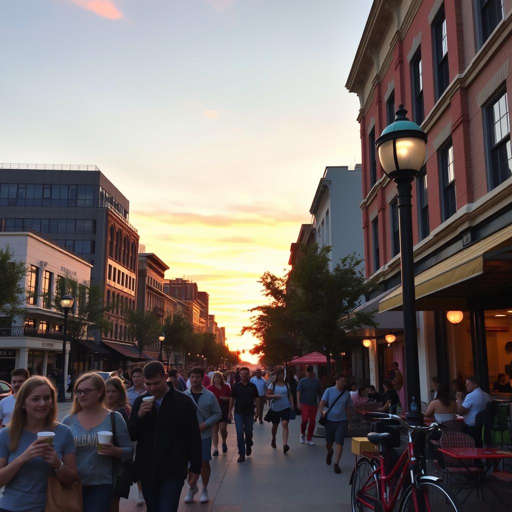 A lively urban street scene at sunset, featuring a mix of modern and vintage architecture, illuminated by warm orange and pink hues in the sky