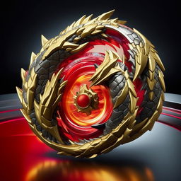 The L-Drago Beyblade, known for its aggressive left-spin and dragon motif, spectacularly spinning in a bright, futuristic Beyblade arena. The Beyblade emits a vibrant aura of red and gold, symbolizing its dominant energy.