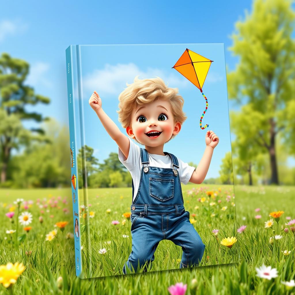 A vibrant and playful book cover depicting a 6-year-old boy with curly blond hair and black eyes joyfully flying a colorful kite in a sunny park