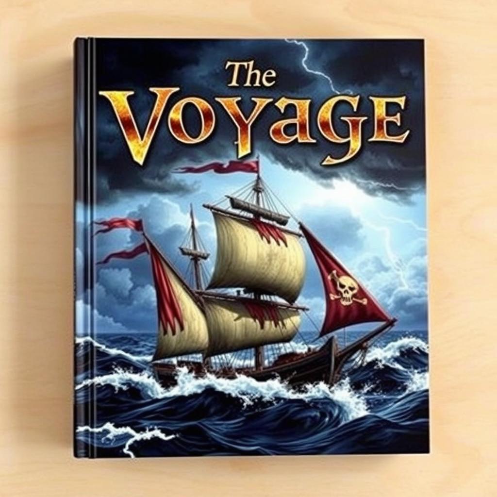 An intense stormy pirate-themed book cover showcasing a dramatic seascape filled with rolling dark clouds and fierce waves