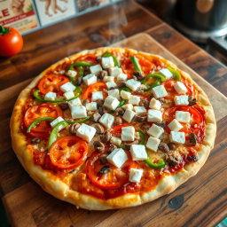 A delicious homemade pizza showcasing a vibrant array of ingredients