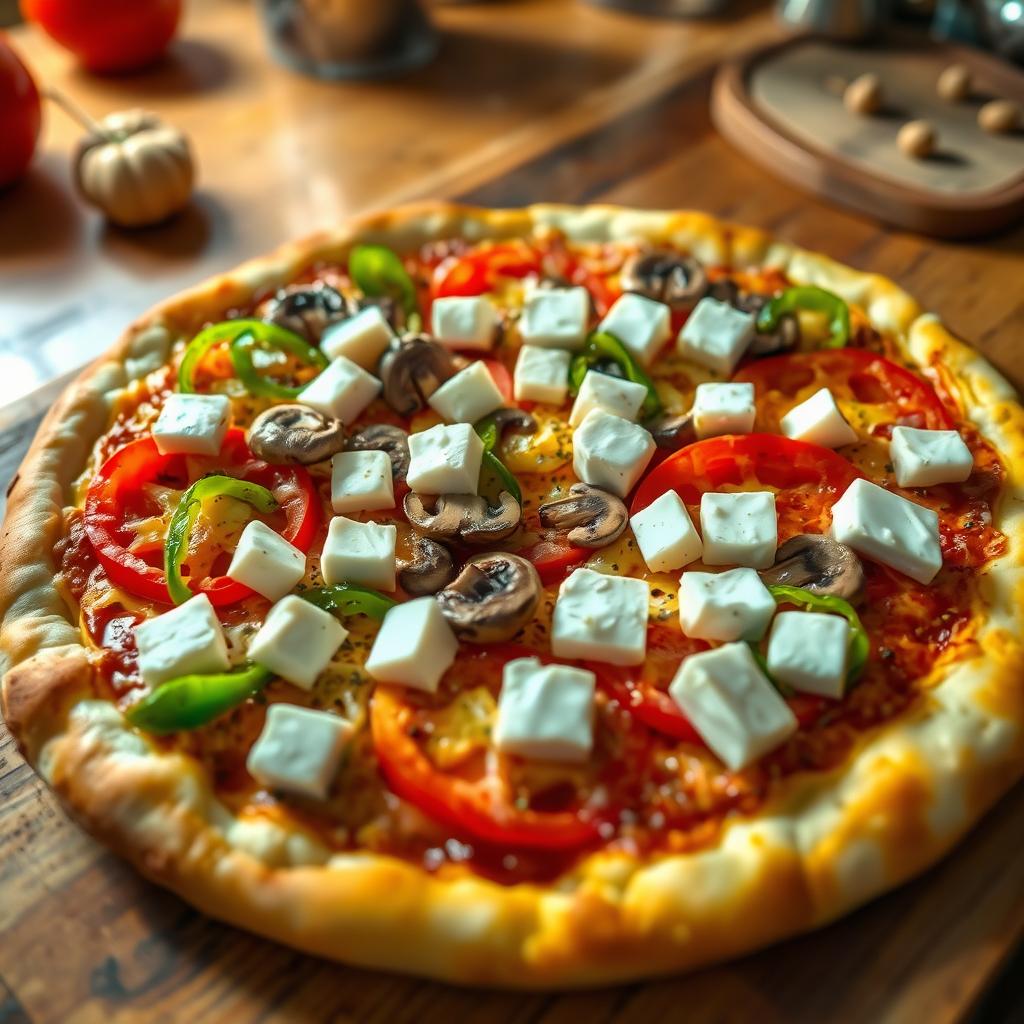 A delicious homemade pizza showcasing a vibrant array of ingredients