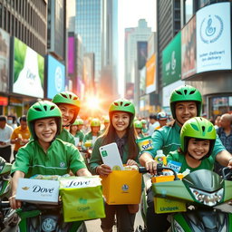 A vibrant and dynamic scene showcasing the collaboration between Gojek and Unilever in a bustling urban environment
