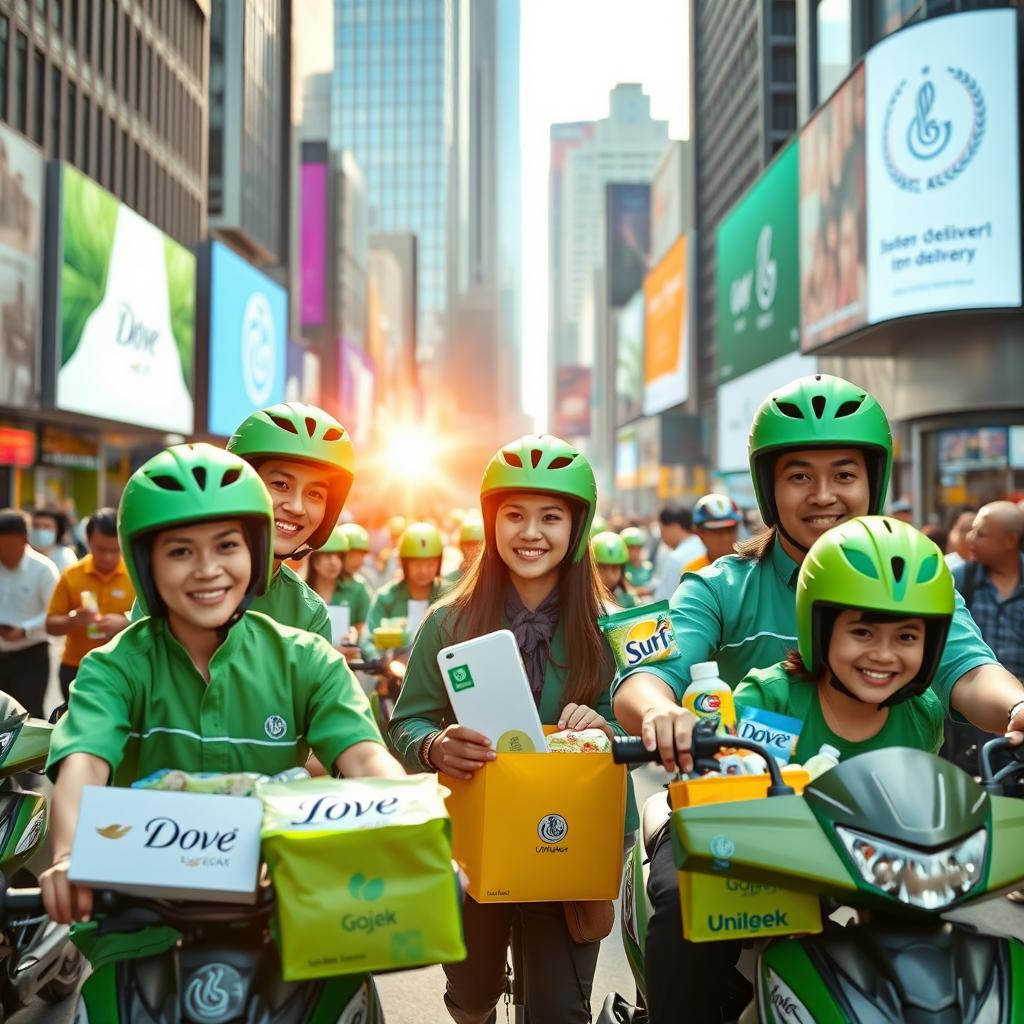 A vibrant and dynamic scene showcasing the collaboration between Gojek and Unilever in a bustling urban environment