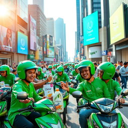 A vibrant and dynamic scene showcasing the collaboration between Gojek and Unilever in a bustling urban environment
