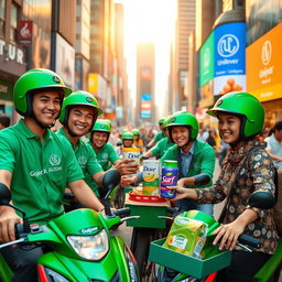 A vibrant and dynamic scene showcasing the collaboration between Gojek and Unilever in a bustling urban environment
