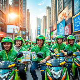A vibrant and dynamic scene showcasing the collaboration between Gojek and Unilever in a bustling urban environment