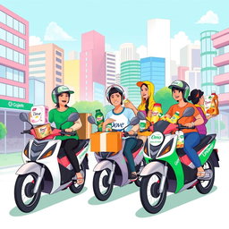 A vibrant and colorful illustration depicting a collaboration between Gojek and Unilever, showcasing delivery riders on motorbikes carrying Unilever products like Dove soap, Knorr seasoning, and Omo detergent