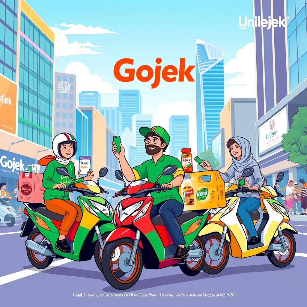 A vibrant and colorful illustration depicting a collaboration between Gojek and Unilever, showcasing delivery riders on motorbikes carrying Unilever products like Dove soap, Knorr seasoning, and Omo detergent