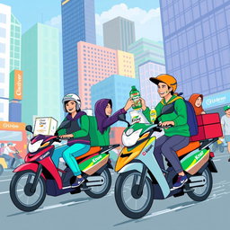 A vibrant and colorful illustration depicting a collaboration between Gojek and Unilever, showcasing delivery riders on motorbikes carrying Unilever products like Dove soap, Knorr seasoning, and Omo detergent