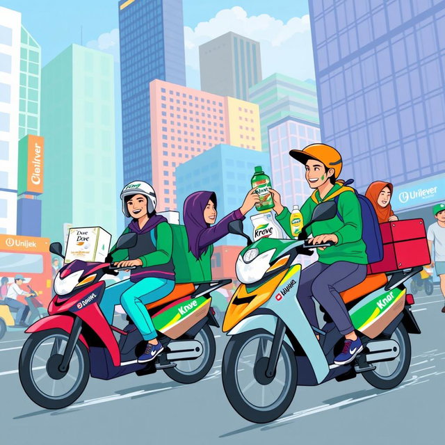 A vibrant and colorful illustration depicting a collaboration between Gojek and Unilever, showcasing delivery riders on motorbikes carrying Unilever products like Dove soap, Knorr seasoning, and Omo detergent