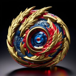 The L-Drago Beyblade, known for its aggressive left-spin and dragon motif, spectacularly spinning in a bright, futuristic Beyblade arena. The Beyblade emits a vibrant aura of red and gold, symbolizing its dominant energy.