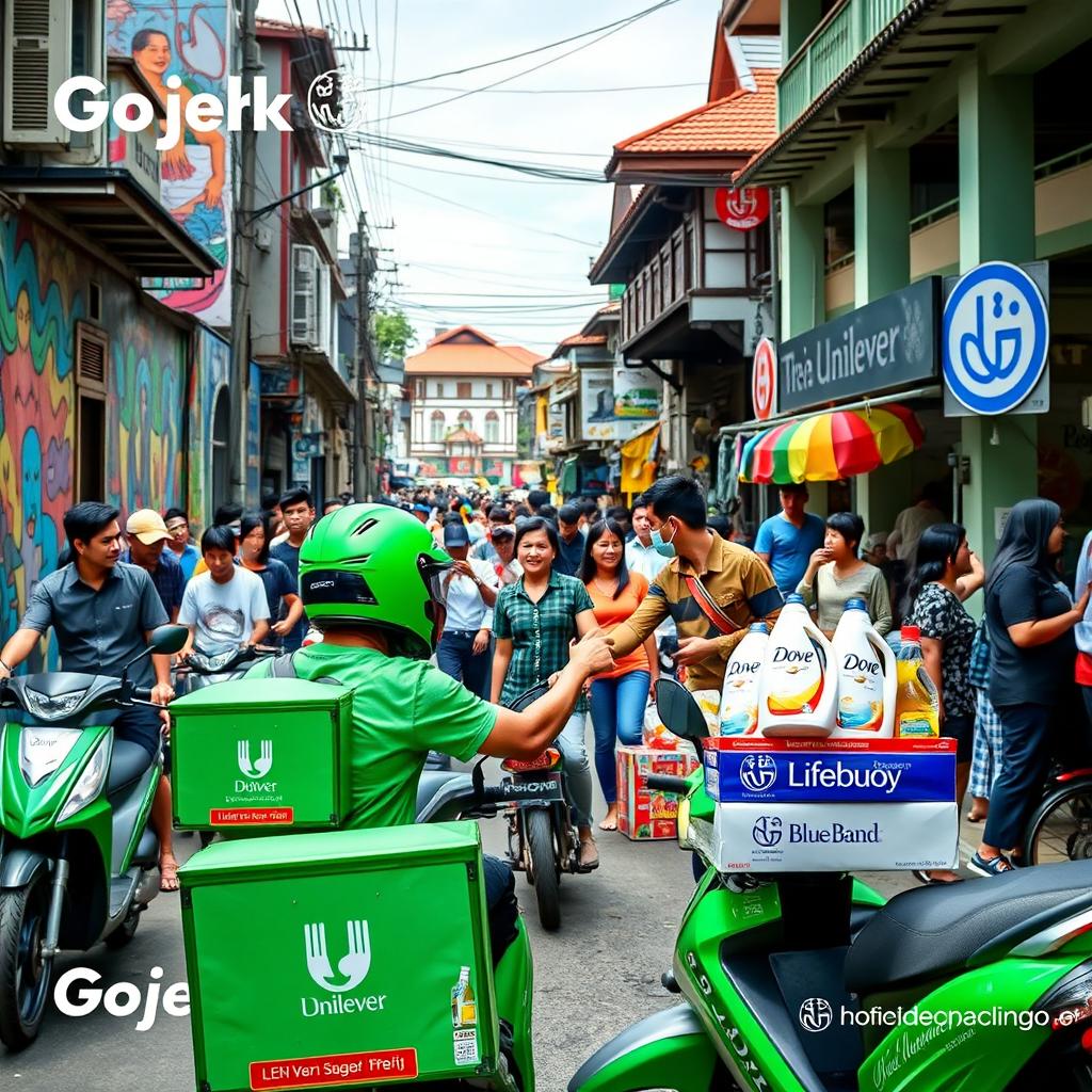 A collaboration between Gojek and Unilever featuring a modern urban scene in Indonesia