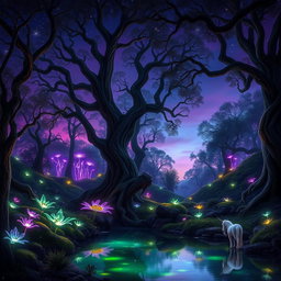 A stunning portrayal of a magical forest at twilight, where vibrant bioluminescent plants glow softly amidst tall, ancient trees with twisting branches