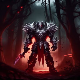 Zed from League of Legends, fully armed with his silver and red armor, creating shadow clones around him. He stands defiantly in a dimly lit forest at night, his eyes glowing red with intensity.