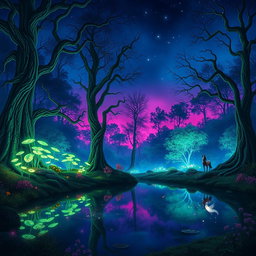 A stunning portrayal of a magical forest at twilight, where vibrant bioluminescent plants glow softly amidst tall, ancient trees with twisting branches