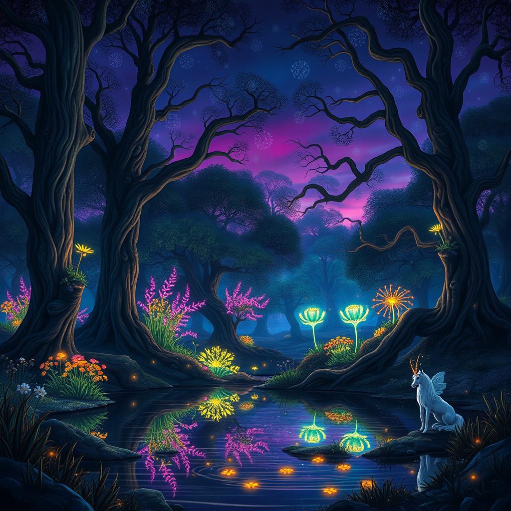 A stunning portrayal of a magical forest at twilight, where vibrant bioluminescent plants glow softly amidst tall, ancient trees with twisting branches