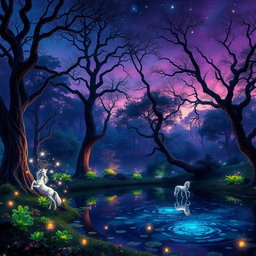 A stunning portrayal of a magical forest at twilight, where vibrant bioluminescent plants glow softly amidst tall, ancient trees with twisting branches