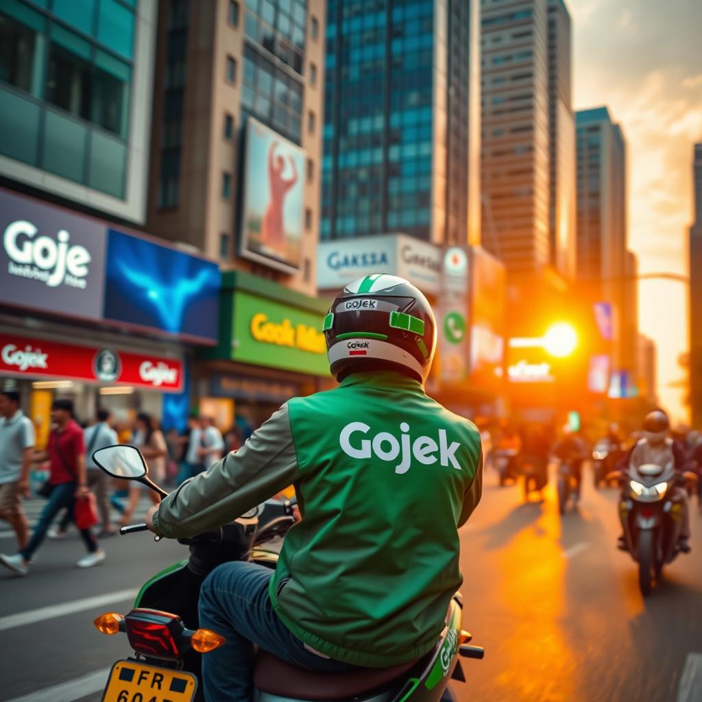 A dynamic scene depicting a Gojek motorcycle taxi in an urban setting, showcasing the driver wearing a Gojek jacket and a helmet while riding through a busy city street