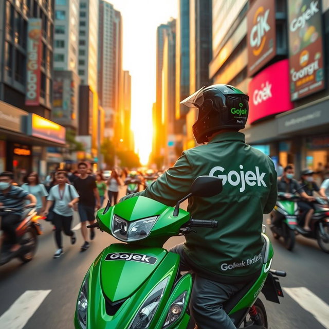 A dynamic scene depicting a Gojek motorcycle taxi in an urban setting, showcasing the driver wearing a Gojek jacket and a helmet while riding through a busy city street