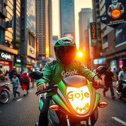A dynamic scene depicting a Gojek motorcycle taxi in an urban setting, showcasing the driver wearing a Gojek jacket and a helmet while riding through a busy city street