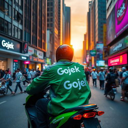 A dynamic scene depicting a Gojek motorcycle taxi in an urban setting, showcasing the driver wearing a Gojek jacket and a helmet while riding through a busy city street