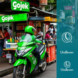 An engaging scene depicting a collaboration between Gojek and Unilever in an urban Indonesian setting