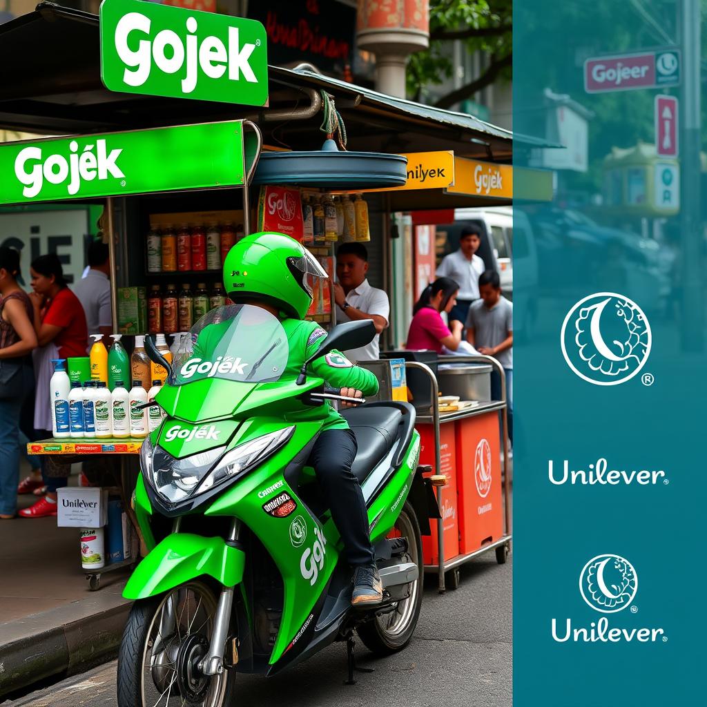 An engaging scene depicting a collaboration between Gojek and Unilever in an urban Indonesian setting