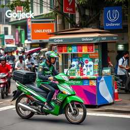 An engaging scene depicting a collaboration between Gojek and Unilever in an urban Indonesian setting