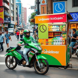 An engaging scene depicting a collaboration between Gojek and Unilever in an urban Indonesian setting