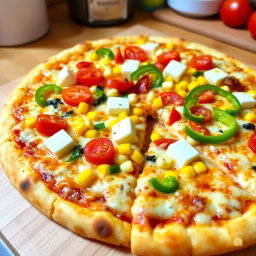 A mouthwatering pizza featuring a perfect mix of paneer cubes, fresh red tomatoes, sweet corn kernels, and vibrant green capsicum bell peppers, all layered artfully on a cheesy, golden-brown crust