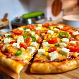 A mouthwatering pizza featuring a perfect mix of paneer cubes, fresh red tomatoes, sweet corn kernels, and vibrant green capsicum bell peppers, all layered artfully on a cheesy, golden-brown crust