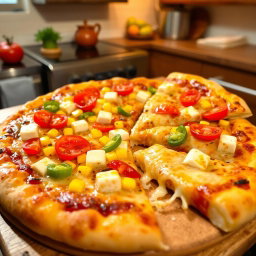A mouthwatering pizza featuring a perfect mix of paneer cubes, fresh red tomatoes, sweet corn kernels, and vibrant green capsicum bell peppers, all layered artfully on a cheesy, golden-brown crust
