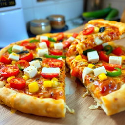 A mouthwatering pizza featuring a perfect mix of paneer cubes, fresh red tomatoes, sweet corn kernels, and vibrant green capsicum bell peppers, all layered artfully on a cheesy, golden-brown crust