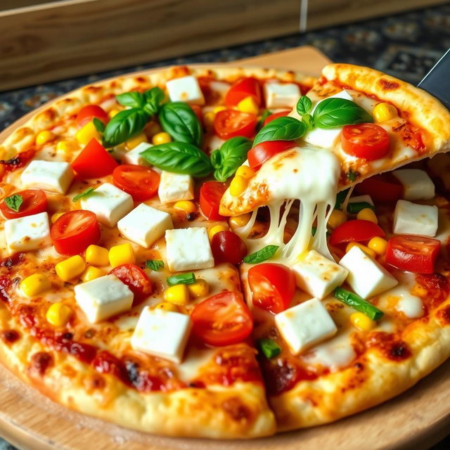 A delicious pizza featuring a perfect mix of ingredients, including fluffy cubes of paneer, juicy fresh tomatoes, sweet yellow corn kernels, and vibrant green capsicum bell peppers