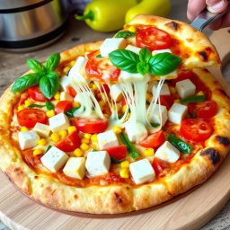 A delicious pizza featuring a perfect mix of ingredients, including fluffy cubes of paneer, juicy fresh tomatoes, sweet yellow corn kernels, and vibrant green capsicum bell peppers
