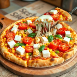 A delicious pizza featuring a perfect mix of ingredients, including fluffy cubes of paneer, juicy fresh tomatoes, sweet yellow corn kernels, and vibrant green capsicum bell peppers