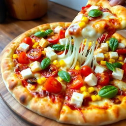 A delicious pizza featuring a perfect mix of ingredients, including fluffy cubes of paneer, juicy fresh tomatoes, sweet yellow corn kernels, and vibrant green capsicum bell peppers