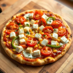 A delightful pizza featuring a perfect mix of fluffy paneer cubes, ripe fresh tomatoes, sweet golden corn, and crunchy green capsicum bell peppers, all artfully layered on a rich, cheesy crust