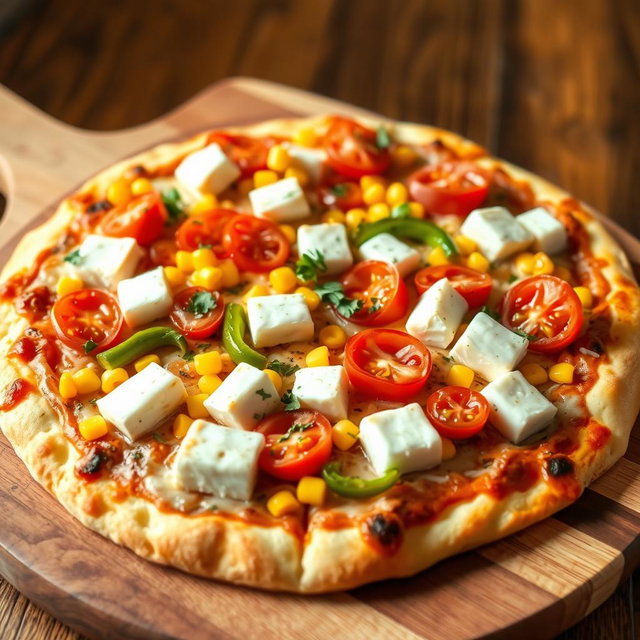 A delightful pizza featuring a perfect mix of fluffy paneer cubes, ripe fresh tomatoes, sweet golden corn, and crunchy green capsicum bell peppers, all artfully layered on a rich, cheesy crust