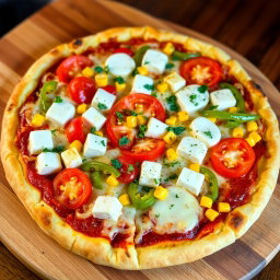 A delightful pizza featuring a perfect mix of fluffy paneer cubes, ripe fresh tomatoes, sweet golden corn, and crunchy green capsicum bell peppers, all artfully layered on a rich, cheesy crust