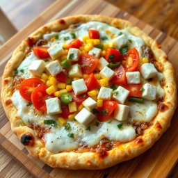 A delightful pizza featuring a perfect mix of fluffy paneer cubes, ripe fresh tomatoes, sweet golden corn, and crunchy green capsicum bell peppers, all artfully layered on a rich, cheesy crust