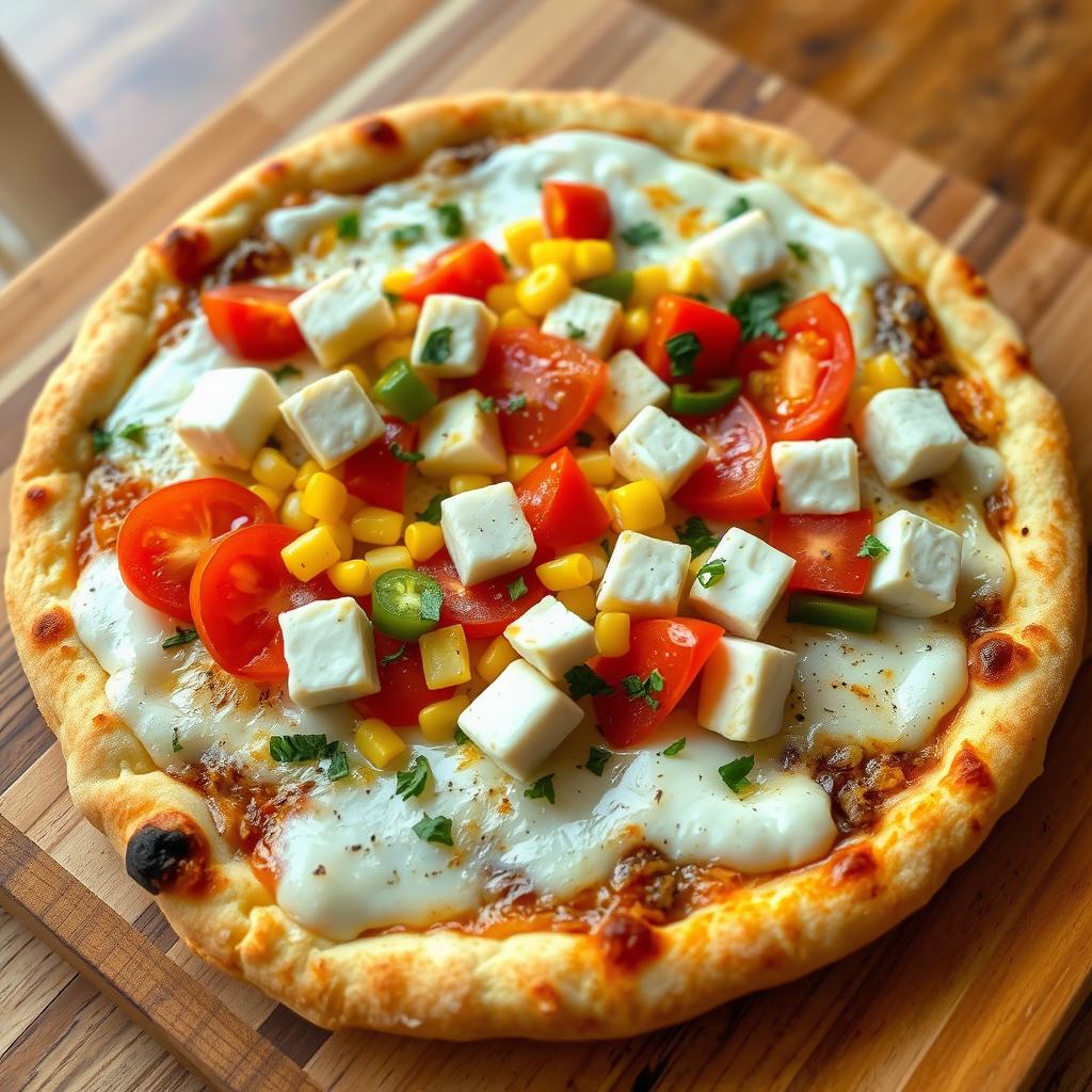 A delightful pizza featuring a perfect mix of fluffy paneer cubes, ripe fresh tomatoes, sweet golden corn, and crunchy green capsicum bell peppers, all artfully layered on a rich, cheesy crust